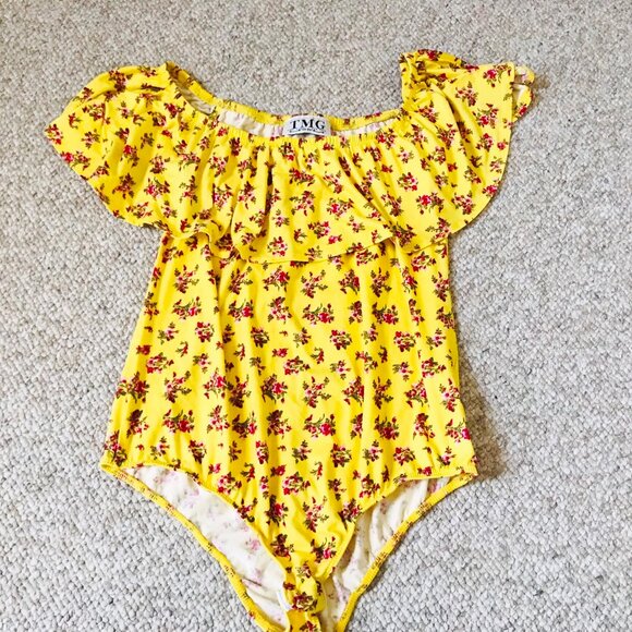 TMG New York Girls Yellow Floral Body Suits Tops Girls Large Off Shoulder - Picture 1 of 4